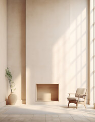A serene and minimalist interior space bathed in soft natural light. A single modern armchair sits to the right, beside a recessed, unlit fireplace at the base of a tall, textured wall. Mockup - obrazy, fototapety, plakaty