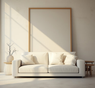 A serene and well-lit interior scene with a large blank picture frame centered on a wall