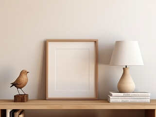 A serene and stylish interior scene with a wooden shelf against a soft beige wall. Empty picture frame leaning against the wall next to vase with a white lampshade, and a small wooden bird sculpture - obrazy, fototapety, plakaty