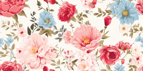 Tuinposter Flower and plant. Floral classic seamless print in shabby chic style. Flowers vector illustration: peony, rose, aster, leaves and plants for background, pattern and wallpaper © Eli Berr