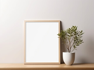 Clean and simple composition with a vertical mockup frame, bordered by a wooden frame, resting against a white wall on a wooden shelf. Beside the frame, there is a white vase holding green foliage