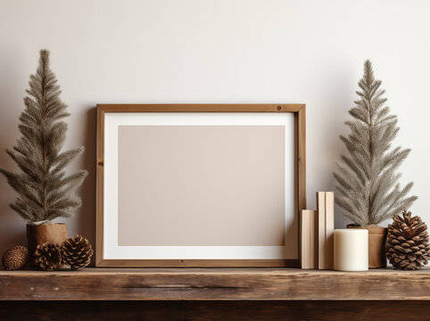 An empty picture frame flanked by a artificial pine tree on one side and a green one on the other, with candles of varying heights in between and pine cones. Mockup frame