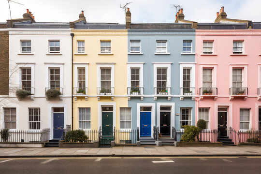 Georgian terraced town house home and apartments in London England UK which are a popular luxury style of housing in historic city areas, computer Generative AI stock illustration image
