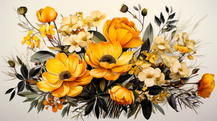 Image of yellow and white flowers on white background.