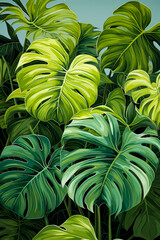 Image of green tropical leaves on blue sky background.