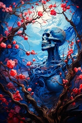 Image of human skull surrounded by branches and flowers.