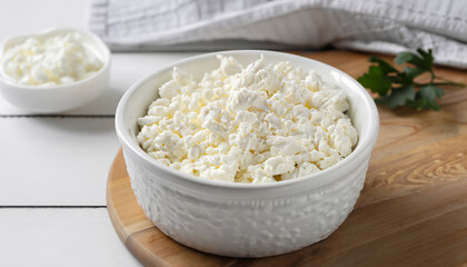 Tvorog, farmers cheese, curd cheese or cottage cheese in white bowl on white wooden table, closeup view. Rich in calcium healthy food