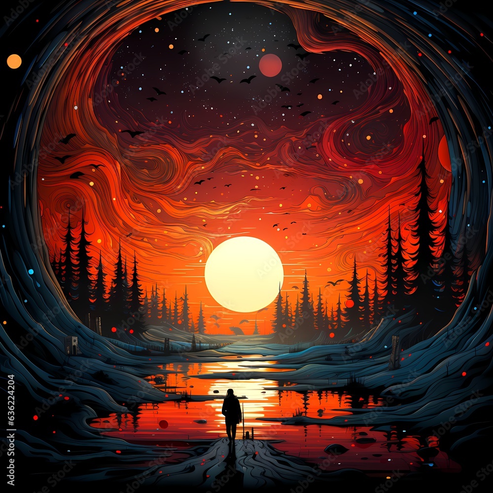 Wall mural image of person standing in front of sunset.