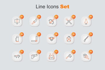 Set line Paw search, Wooden axe, Bulletproof vest, Pistol or gun, Sniper optical sight, Hunting, Canteen water bottle and Deer antlers on shield icon. Vector