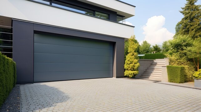 Modern and luxurious garage with driveway and roller door created with Generative AI technology