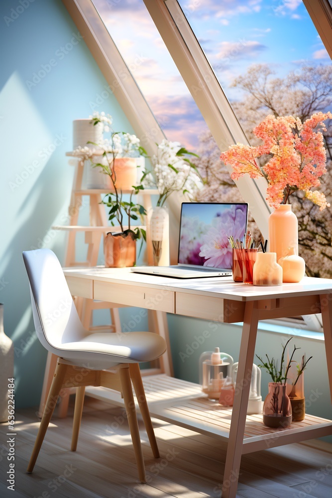 Sticker desk with laptop and flowers in vases on it.