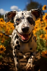 Dalmatian dog standing in field of sunflowers.