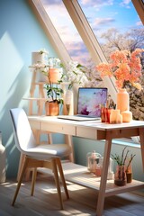 Desk with laptop and flowers in vases on it.