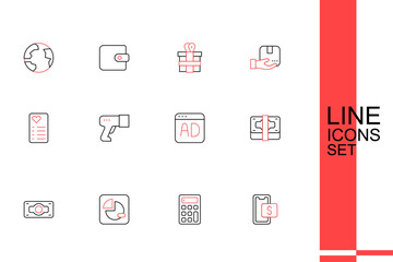 Set line Mobile shopping, Calculator, Pie chart infographic, Stacks paper money cash, Advertising, Scanner scanning bar code and Shopping list icon. Vector