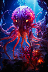 Octopus with glowing eyes and tentacles in underwater scene.