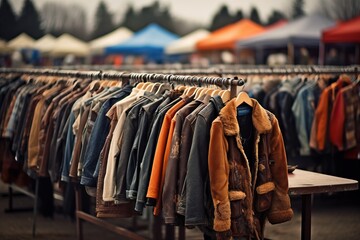 jackets and other clothing hanged on rack at an outdoor market - Powered by Adobe