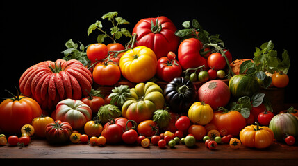An artistic composition featuring an assortment of heirloom tomatoes in various colors, shapes, and sizes, creating a visually striking display 