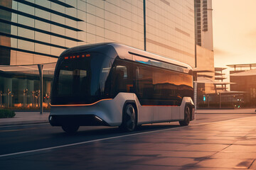 Modern bus on the street in the city at sunset