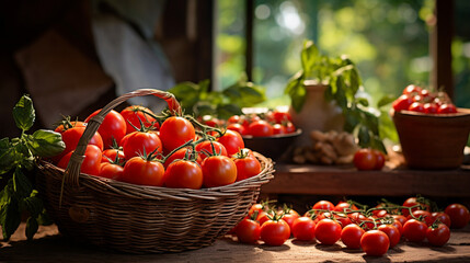 A rustic scene showcasing a basket of juicy Roma tomatoes, arranged on a vintage wooden table against a backdrop of lush greenery 