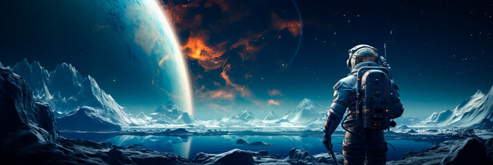 Man standing on the edge of planet looking at another planet. - obrazy, fototapety, plakaty