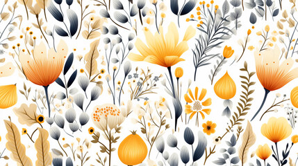 Wildflowers white yellow floral seamless pattern white background