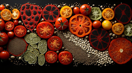 An artistic composition of various tomato varieties, each one sliced open to reveal its intricate patterns of seeds and pulp 