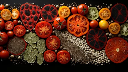 Fotobehang An artistic composition of various tomato varieties, each one sliced open to reveal its intricate patterns of seeds and pulp  © Наталья Евтехова