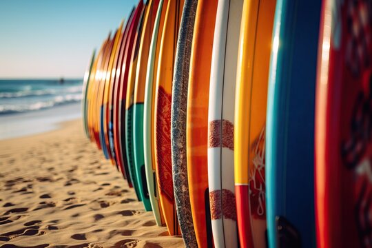 Colorful surfboards in a row on the beach. Close up