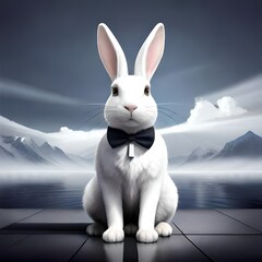 Easter, white rabbit laying Easter eggs. neutral background. AI generated.