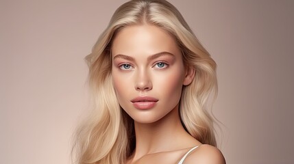 Fototapeta premium closeup portrait of a young blonde woman with a studio background - mockup template for skincare/beauty products/ads (generative AI)