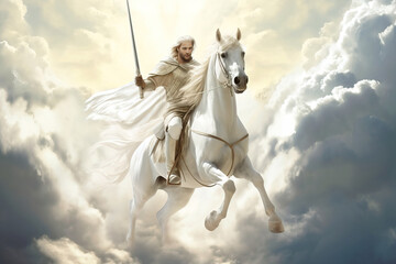 Obraz na płótnie Canvas White Horse of the Apocalypse Revelation of Jesus Christ historical time Michael Prince of the army Generative AI Illustration
