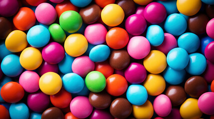 Obraz premium Close up of a pile of colorful chocolate coated candies. Candy background. Generative AI