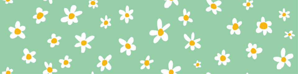 Obraz premium Cute Wild Flowers Seamless Pattern. Hand-drawn white chalk flowers on green background. Perfect for backgrounds, printed patterns, prints, wrappers, headers. Vector Illustration. EPS 10. 