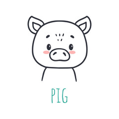 funny pig, cartoon style. Flat animal. Doodle illustration of pig head for cards, magazins, banners.