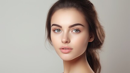 closeup portrait of a young brunette woman with a studio background - mockup template for skincare/beauty products/ads (generative AI)