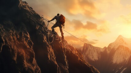 Sportive person climbing up a steep mountain with rope created with Generative AI