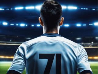 Soccer player wearing in uniform on backdrop lstadium