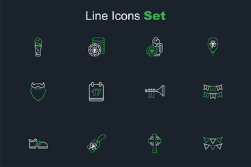 Set line Carnival garland with flags, Celtic cross, Clover trefoil leaf tag, Leprechaun boot, Trumpet, Saint Patricks day calendar and Mustache beard icon. Vector