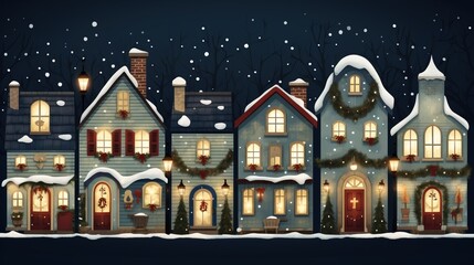 Cute Christmas houses in a row. Christmas New Year banner.  Cozy winter scene illustration in vintage style