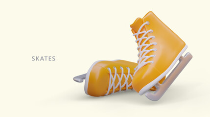3D yellow skates with laces. Unisex shoes for ice hockey. Winter entertainment. Accessories for figure skating. Color vector poster. Concept of ice skating © ArtHub02