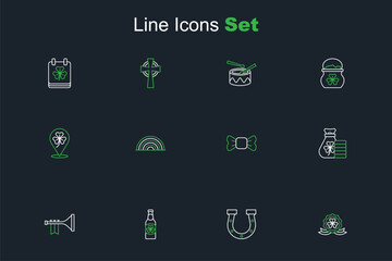 Set line Medal with clover, Horseshoe, Beer bottle, Trumpet, Money bag, Bow tie, Rainbow and Clover trefoil leaf icon. Vector