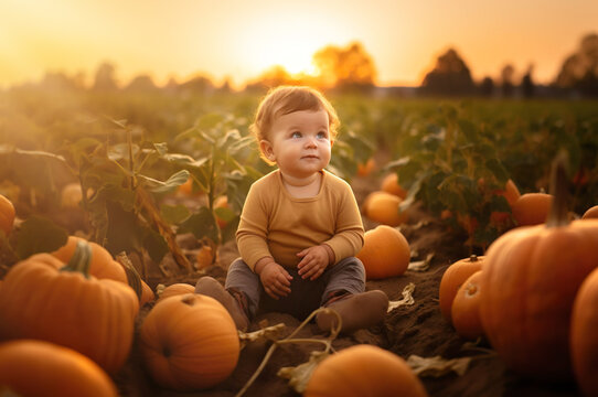 AI generated image of baby on pumpkin field