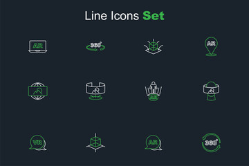 Set line 360 degree view, Augmented reality AR, 3d modeling, Virtual, glasses, and Wide angle picture icon. Vector