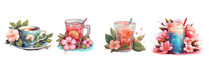 Watercolor cocktail drinks set on white background. Watercolor painting daily routine objects. Hand drawn colorful Sublimation design,white background