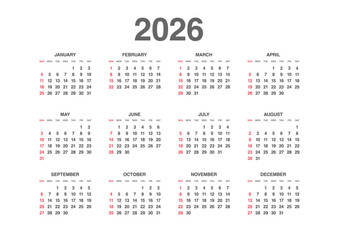Annual calendar for 2026 with a simple design Horizontal layout