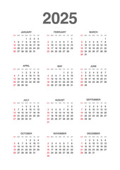 Annual calendar for 2025 with a simple design vertical layout