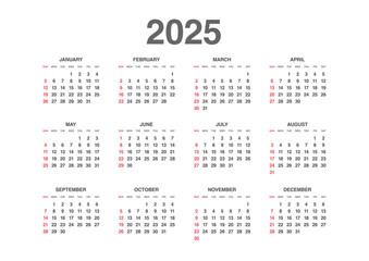 Annual calendar for 2025 with a simple design Horizontal layout