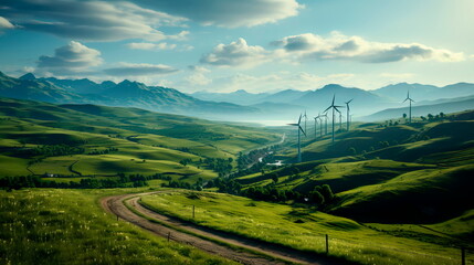 Fototapeta premium Wind turbines against a backdrop of rolling hills, harnessing the power of wind for green energy generation. Generative Ai