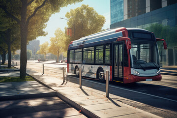 Modern bus arriving at a bus stop, AI Generated - obrazy, fototapety, plakaty