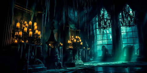 haunted mansion with ghostly apparitions, creaking doors, and flickering candlelight. Generative Ai